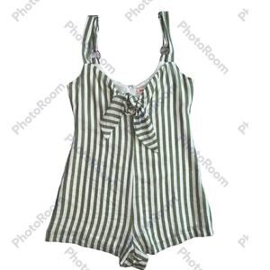 Show Po Australian Picnic Stop Playsuit Green White Khaki Stripe Size 2